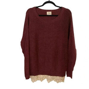 Pins and Needles burgundy knit sweater lace trim small coquette cottagecore